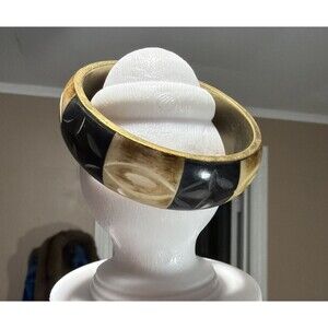 Vintage Chunky Black Gold Striped Bangle Bracelet Bohemian Resin Mod Retro State